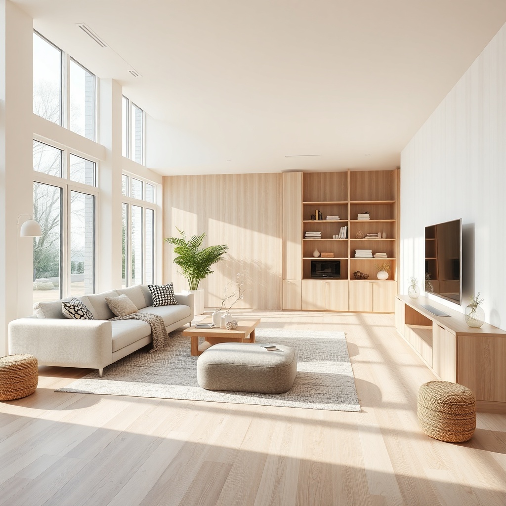 Bright living room with integrated storage and pale wood finishes